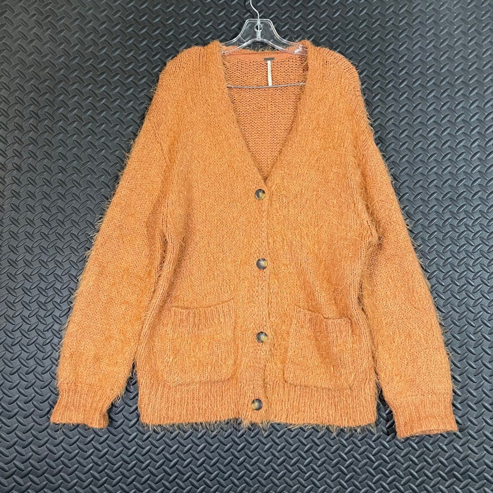 Free People Women's Orange Fuzzy‎ Knit Cardigan Sweater Pockets Oversized XS